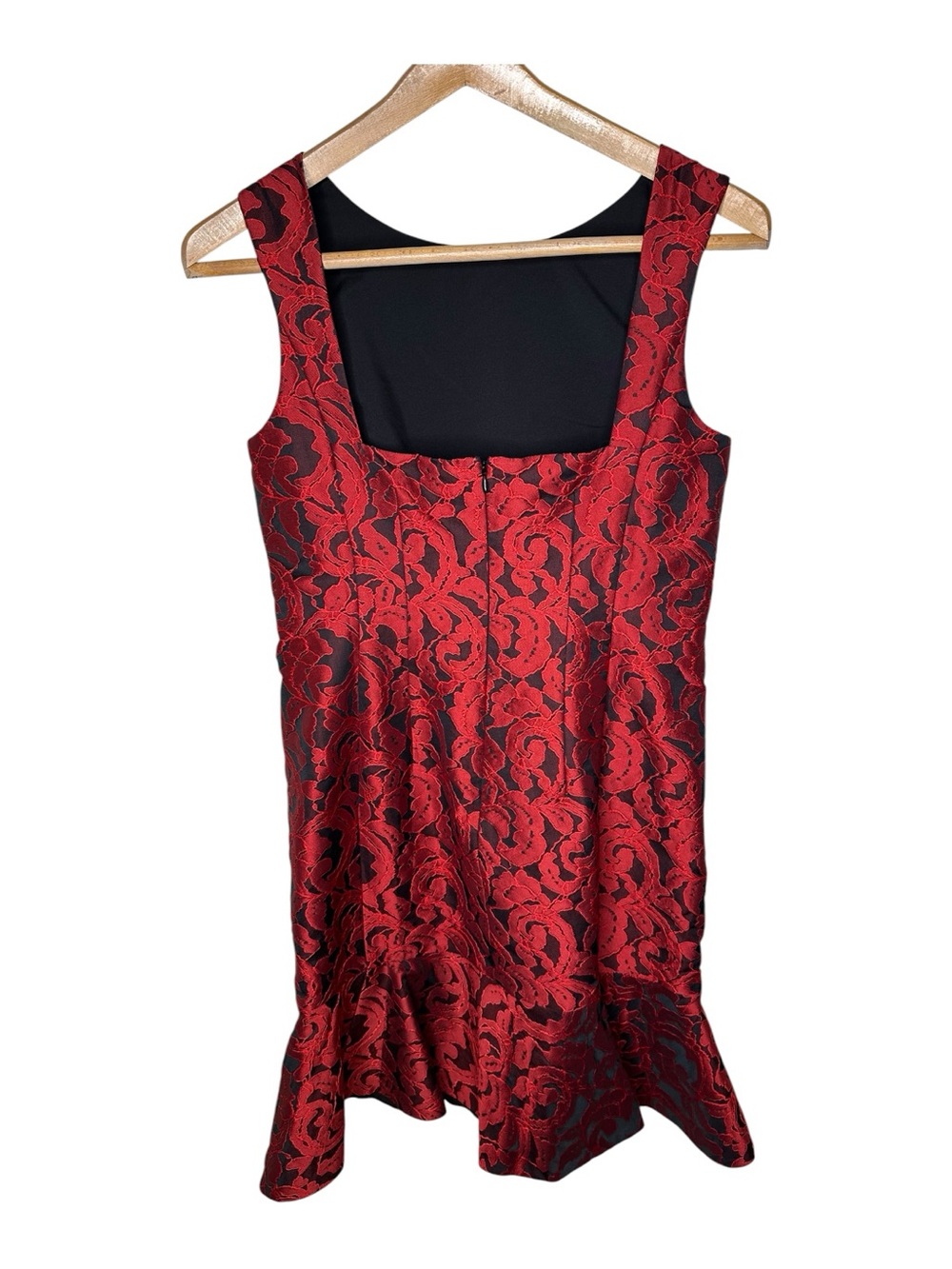 Ann Taylor Jacquard Cocktail Dress Size 8 Red Black Flounce Peplum Hem New - Picture 7 of 12